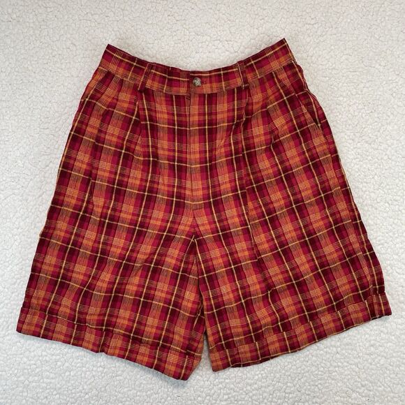 Vintage Womens Plaid Shorts 10 Medium Red Yello Pink Pleated Linen Cotton Blend - Picture 1 of 7